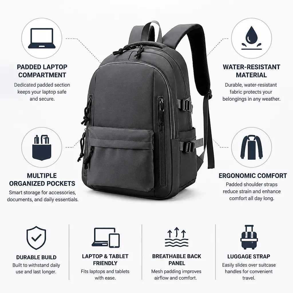Laptop Backpack Padded Laptop & Tablet Compartment Water-Resistant