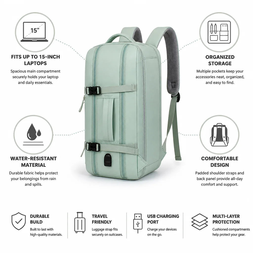 Laptop Backpack Water-Resistant Organizer Fits Up To 15-Inch
