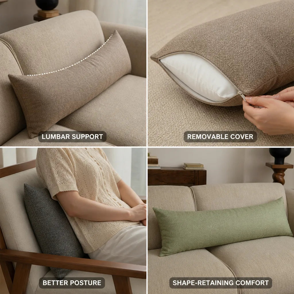 Lumbar Support Pillow Ergonomic Extra-Long Removable Linen-Look Cover