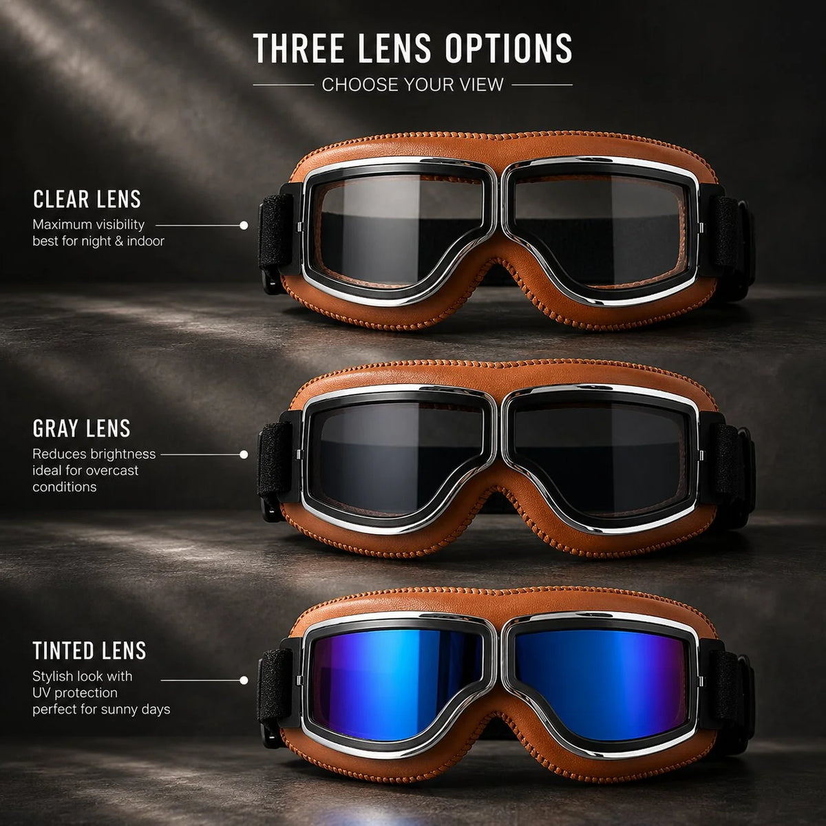 Motorcycle Goggles Impact-Resistant Polycarbonate UV Protection & Glasses-Friendly Fit