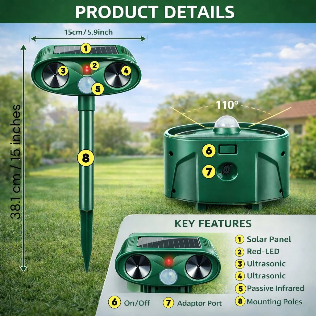 Outdoor Animal Repeller Solar-Powered Motion-Activated Ultrasonic