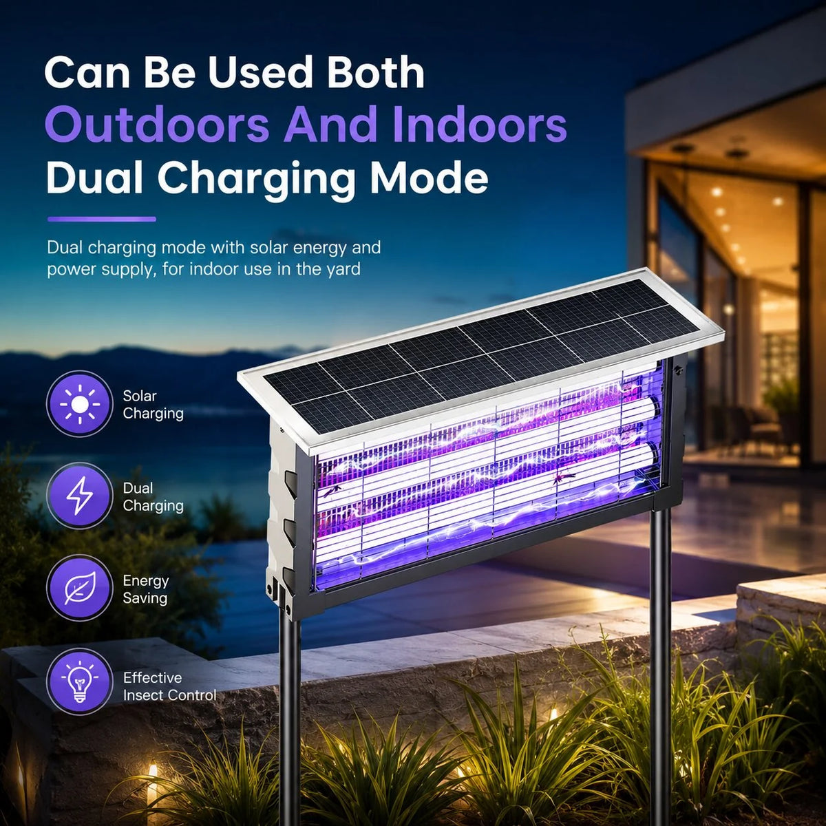 Outdoor Bug Zapper Light Solar & USB Charging Dusk-to-Dawn