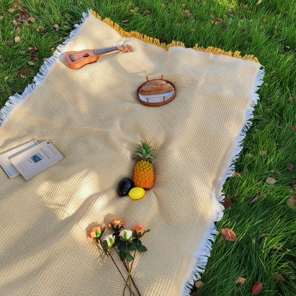 Picnic Mat Foldable Woven Plaid Tassel Trim