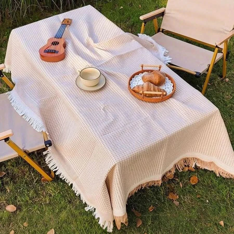 Picnic Mat Foldable Woven Plaid Tassel Trim