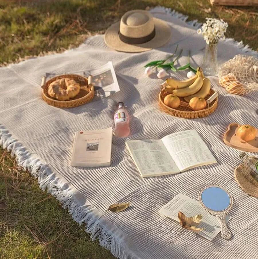 Picnic Mat Foldable Woven Plaid Tassel Trim