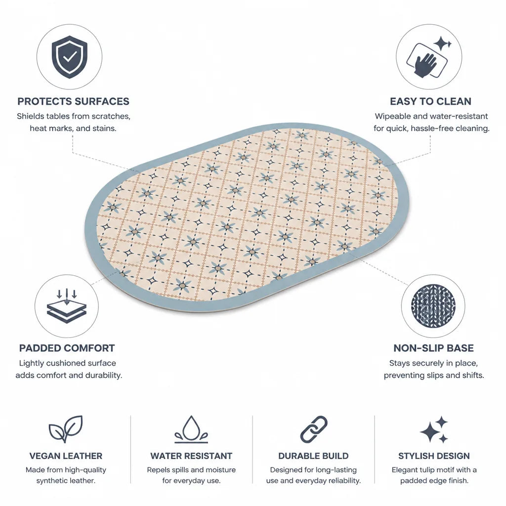 Placemat Oval Vegan Leather Padded Edge Wipeable & Non-Slip