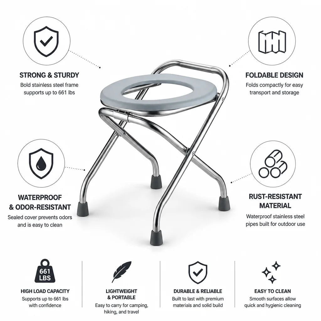 Portable Toilet Chair Foldable Stainless Steel 661 Lb Capacity