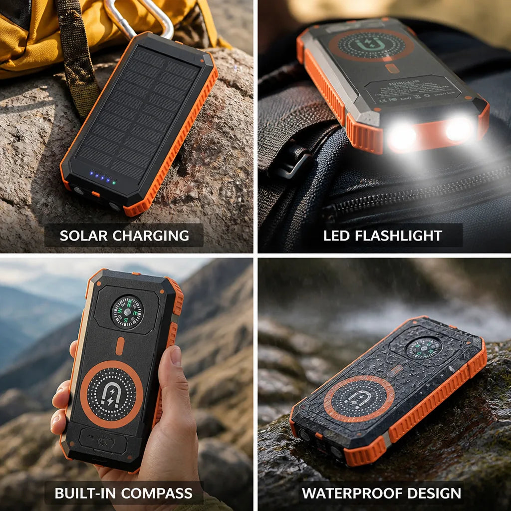 Power Bank 20000 mAh Solar Charging LED & Compass