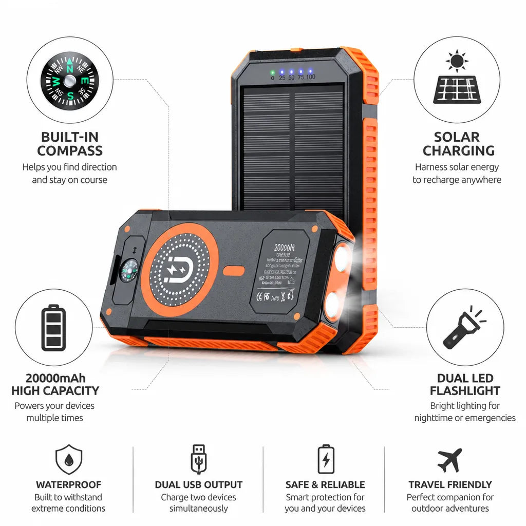 Power Bank 20000 mAh Solar Charging LED & Compass
