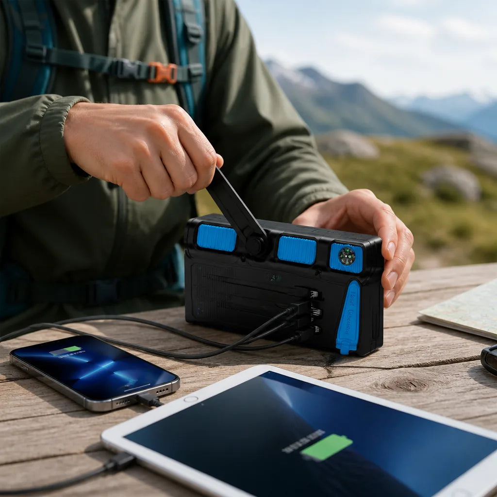 Power Bank Hand-Cranked Multi-Port High Capacity Thermometer & Compass