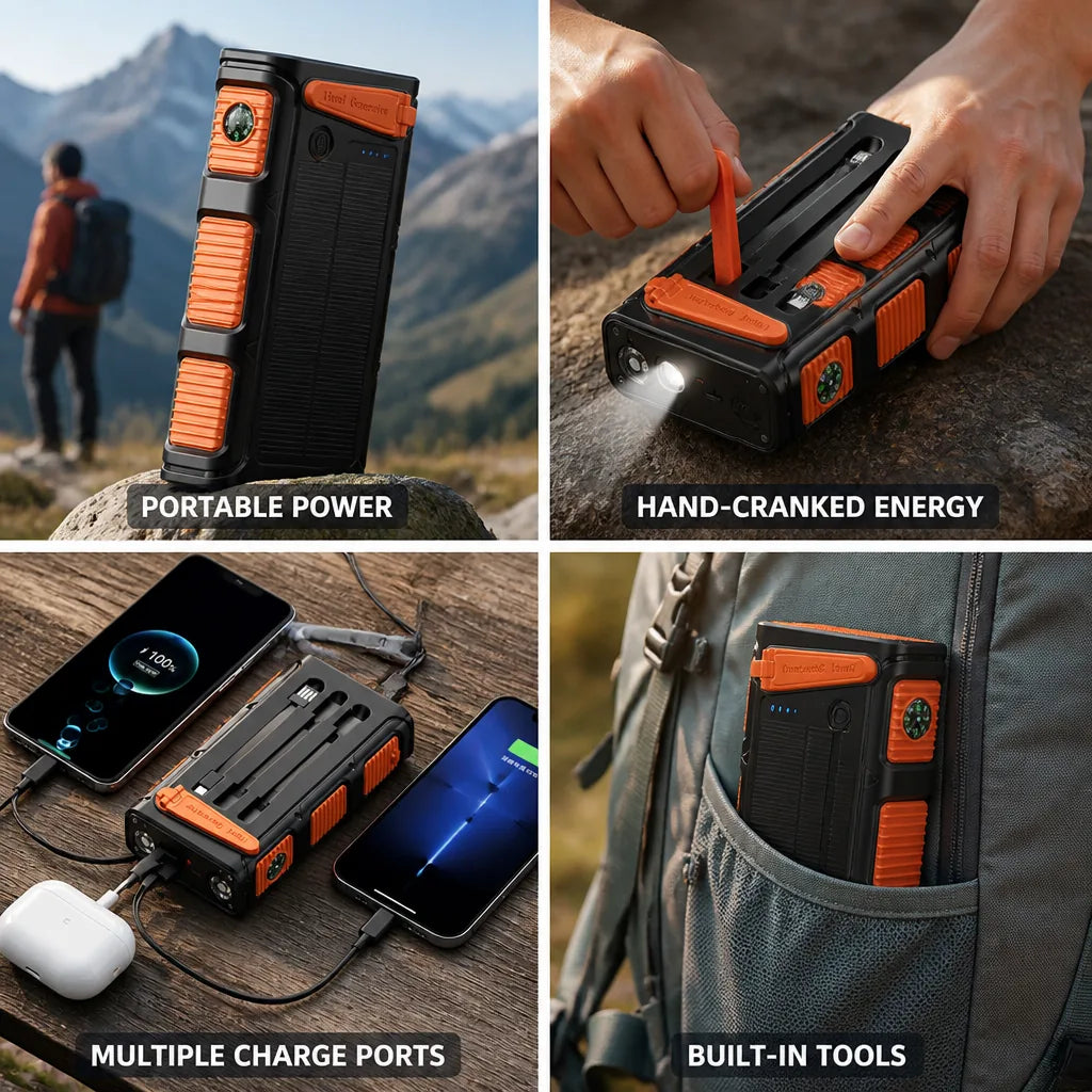 Power Bank Hand-Cranked Multi-Port High Capacity Thermometer & Compass
