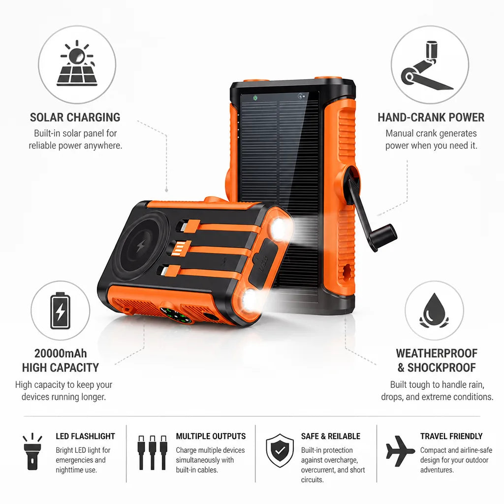 Power Bank Solar & Hand-Crank 20000 mAh Weatherproof