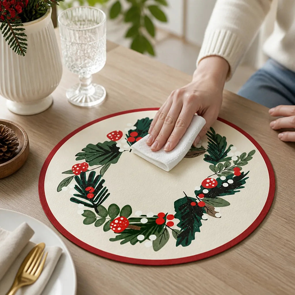 Round Placemat Festive Wreath Tartan Wipeable 36cm