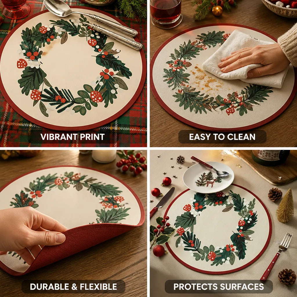 Round Placemat Festive Wreath Tartan Wipeable 36cm