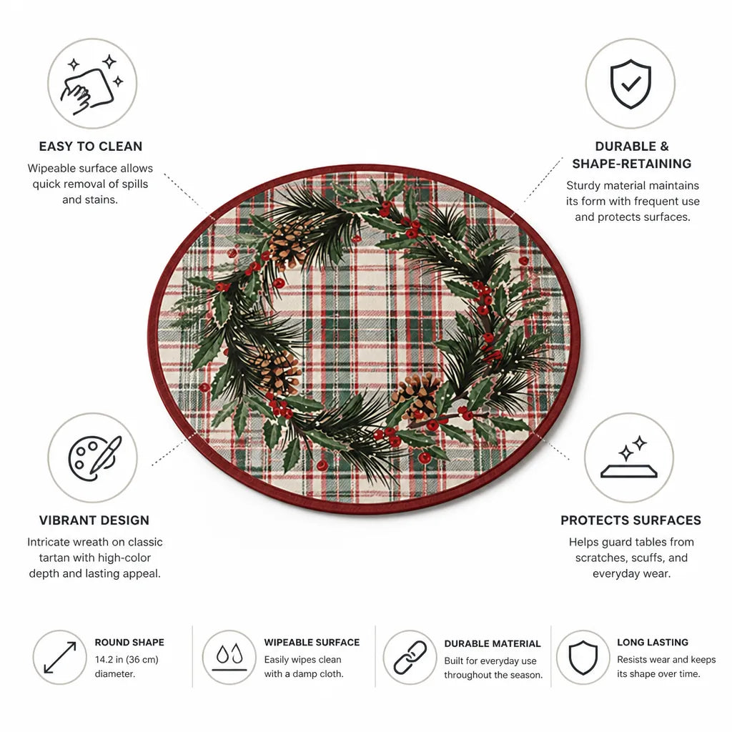 Round Placemat Festive Wreath Tartan Wipeable 36cm