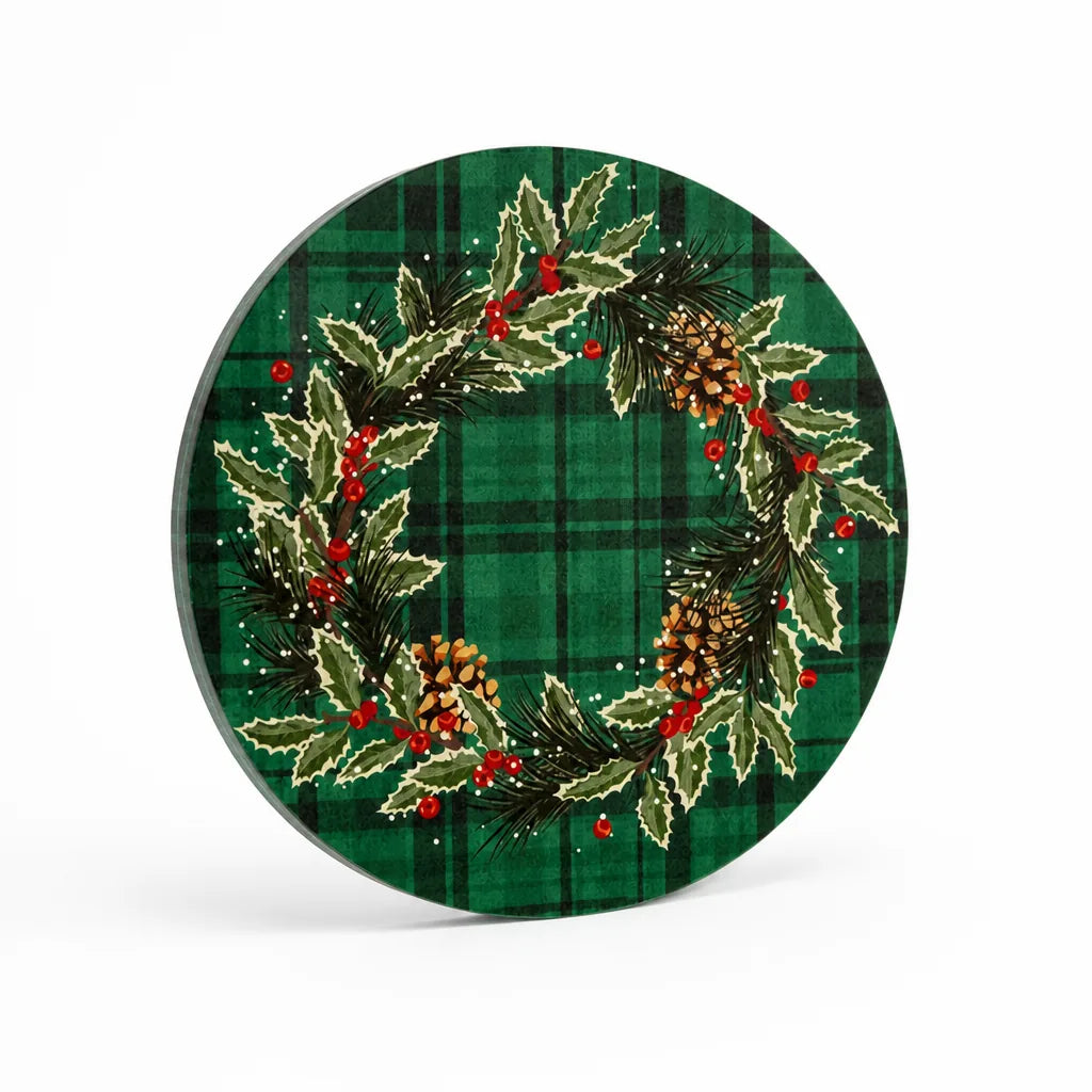 Round Placemat Festive Wreath Tartan Wipeable 36cm