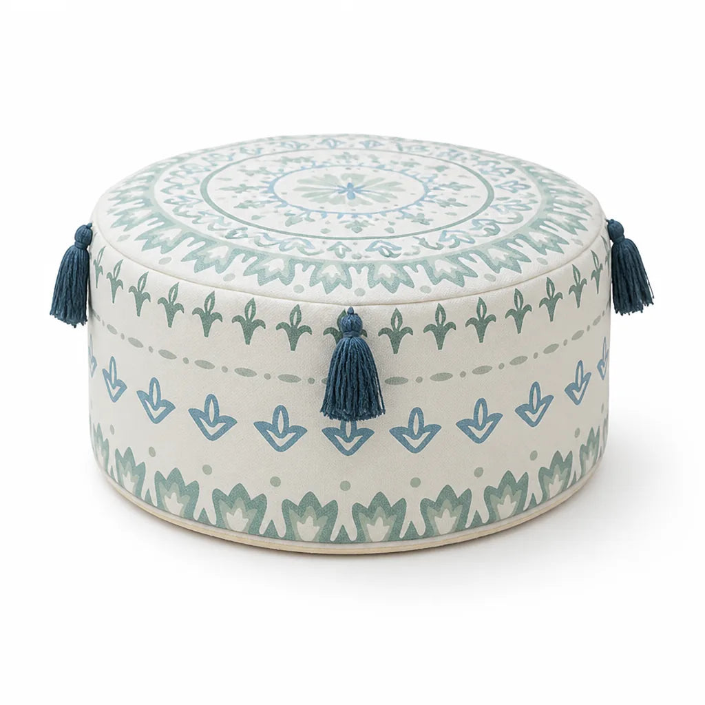 Round Pouf Cover Ethnic Jacquard Canvas-Cotton Non-Slip