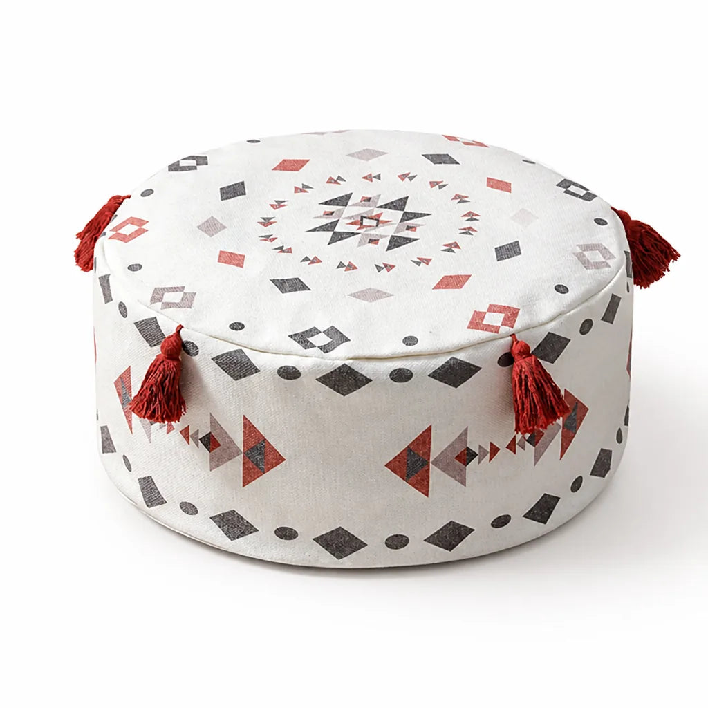 Round Pouf Cover Ethnic Jacquard Canvas-Cotton Non-Slip