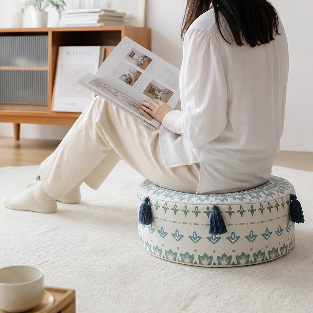 Round Pouf Cover Ethnic Jacquard Canvas-Cotton Non-Slip