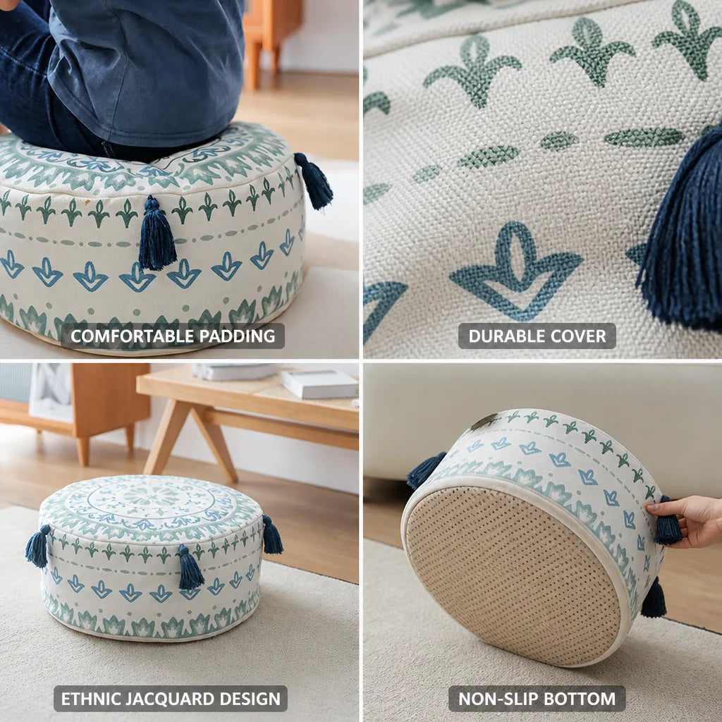 Round Pouf Cover Ethnic Jacquard Canvas-Cotton Non-Slip