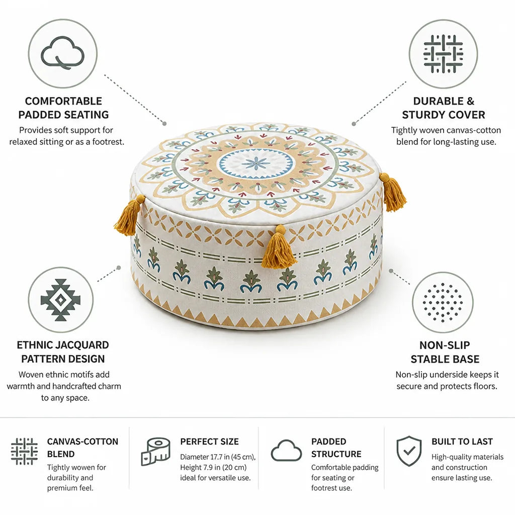 Round Pouf Cover Ethnic Jacquard Canvas-Cotton Non-Slip