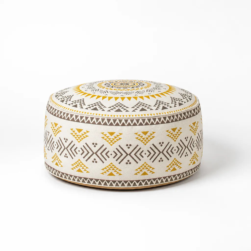 Round Pouf Cover Ethnic Jacquard Canvas-Cotton Non-Slip