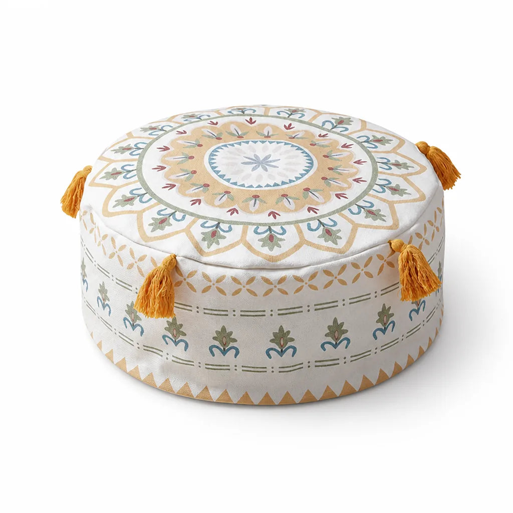 Round Pouf Cover Ethnic Jacquard Canvas-Cotton Non-Slip