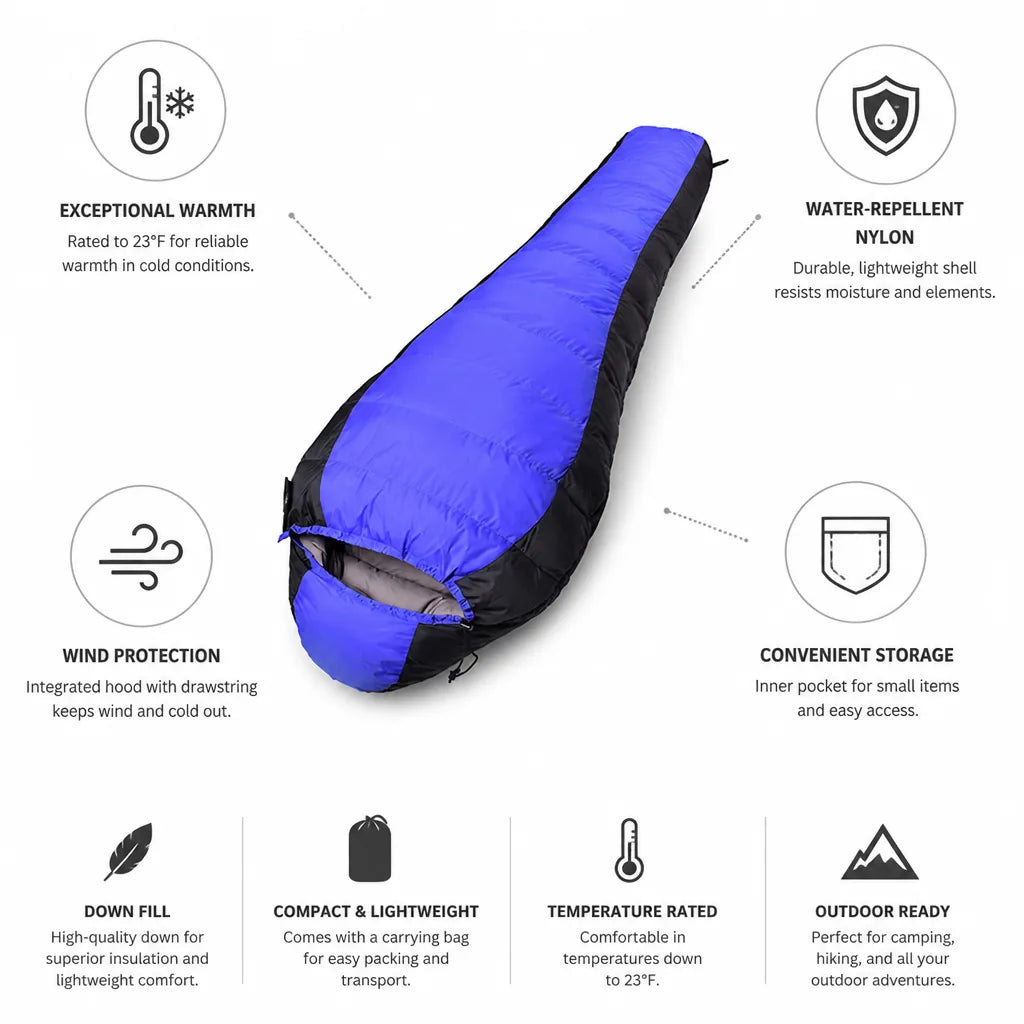 Sleeping Bag Down Fill Water-Repellent Nylon Rated To 23°F