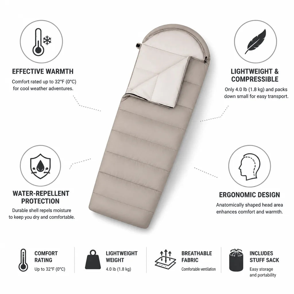 Sleeping Bag Lightweight Compressible Water-Repellent Comfort 0°C