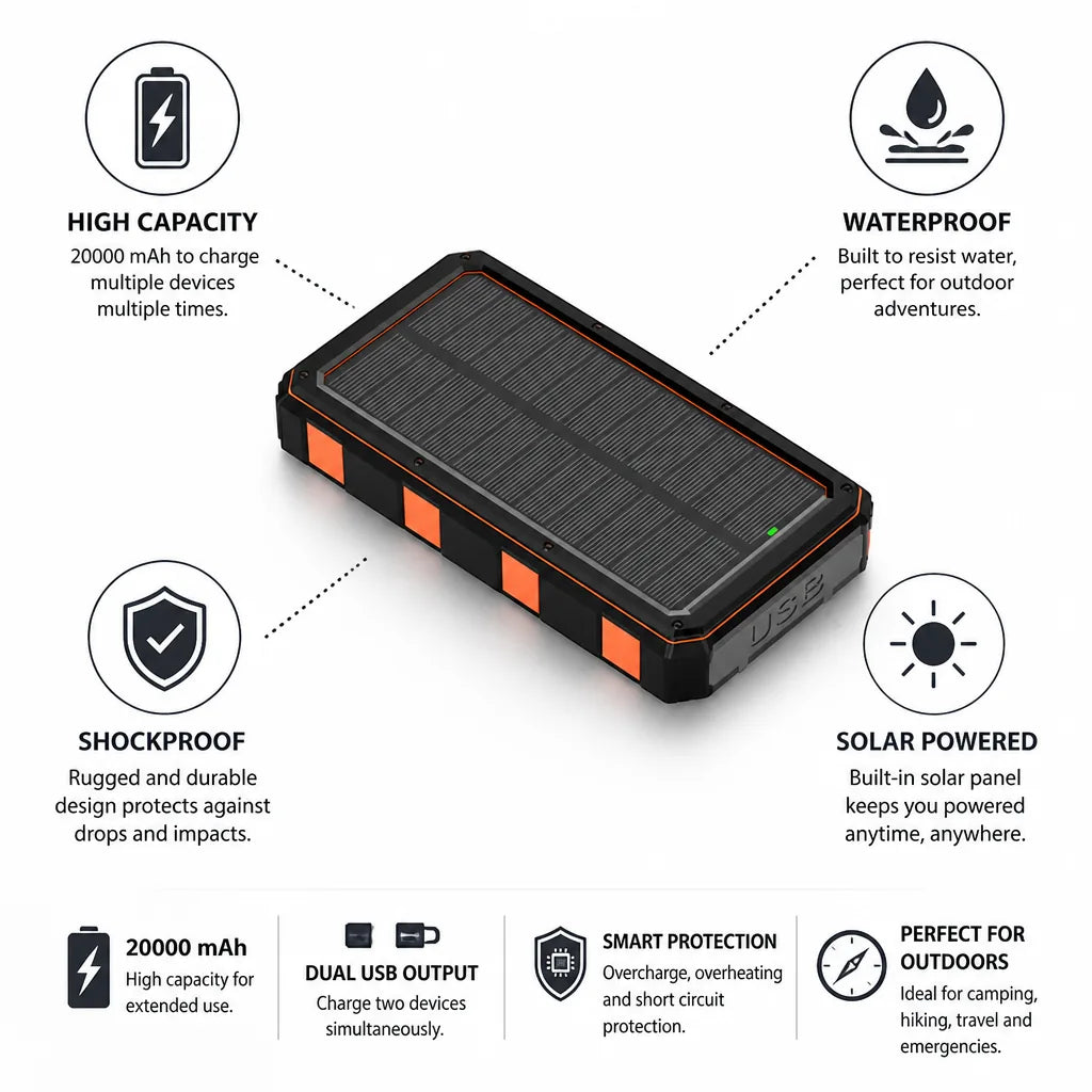 Solar Power Bank 20000 mAh Waterproof & Shockproof