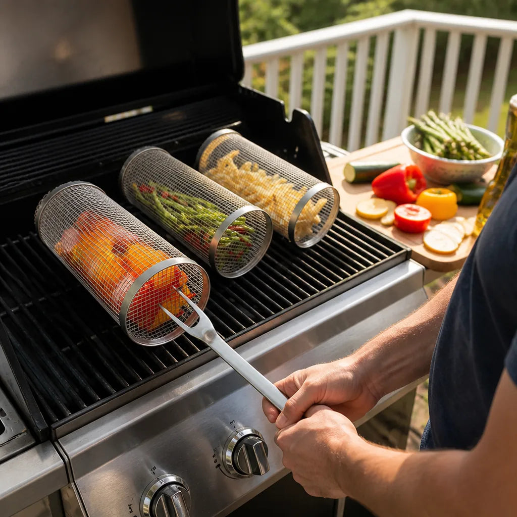 Stainless Steel Rotisserie-Compatible BBQ Grill Basket (360° Rotation)