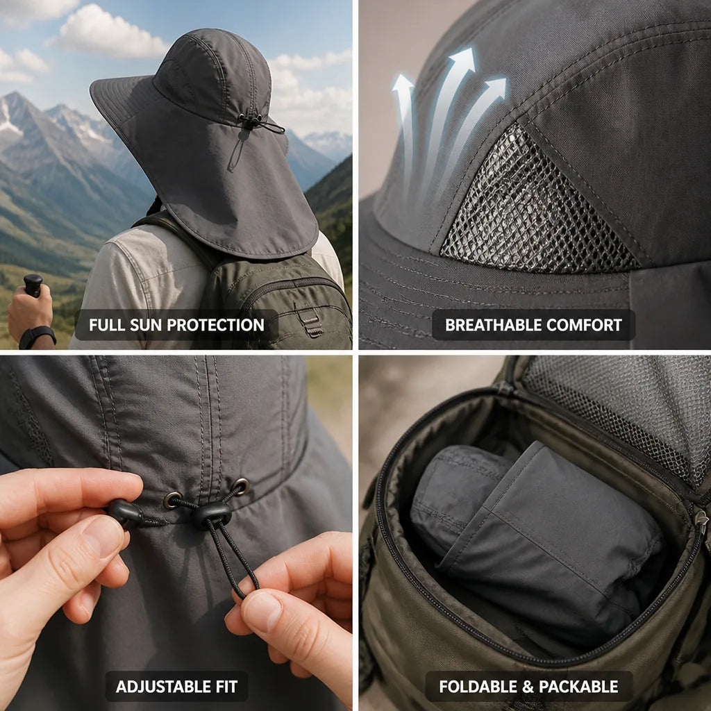 Sun Hat Wide Brim & Neck Flap Breathable Nylon