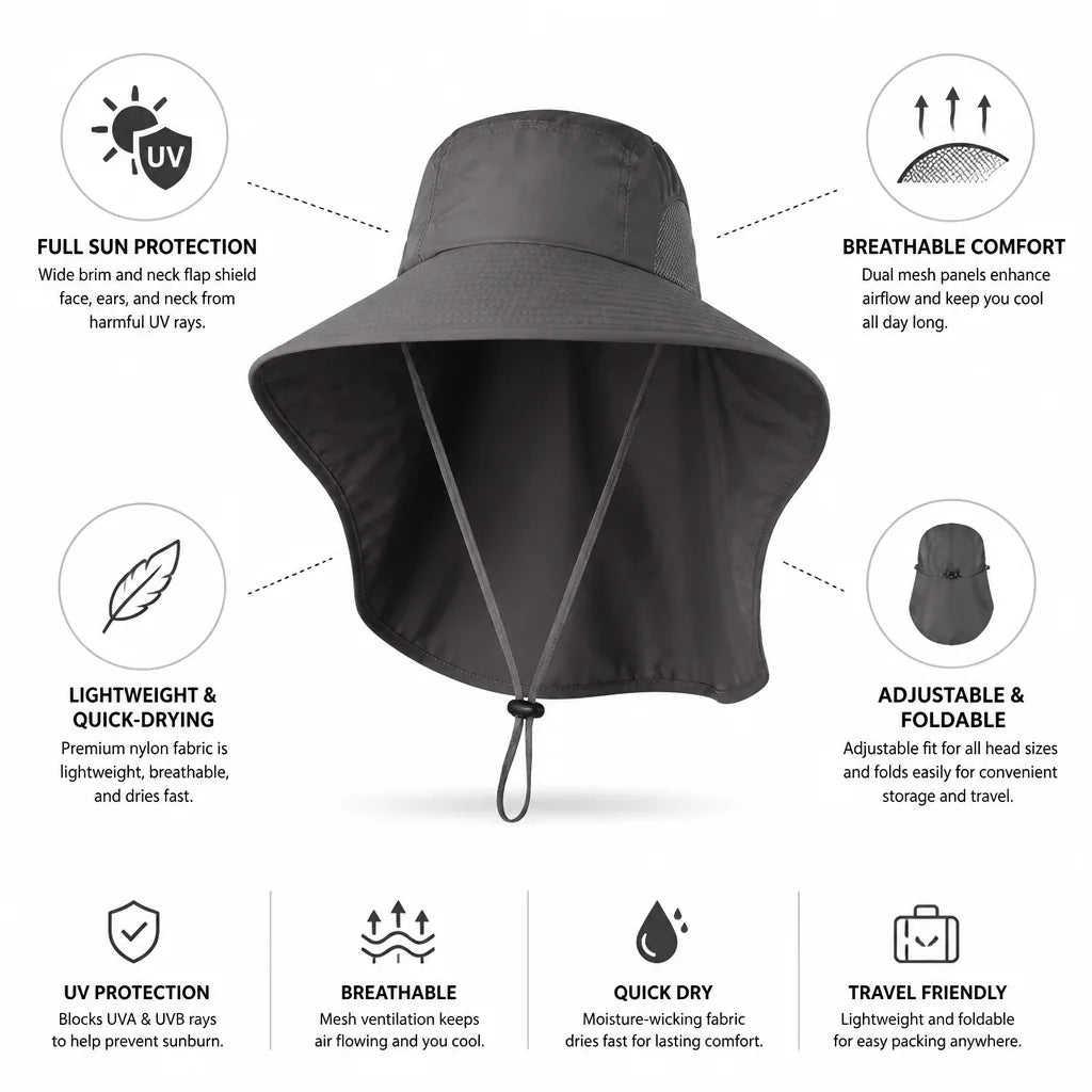 Sun Hat Wide Brim & Neck Flap Breathable Nylon