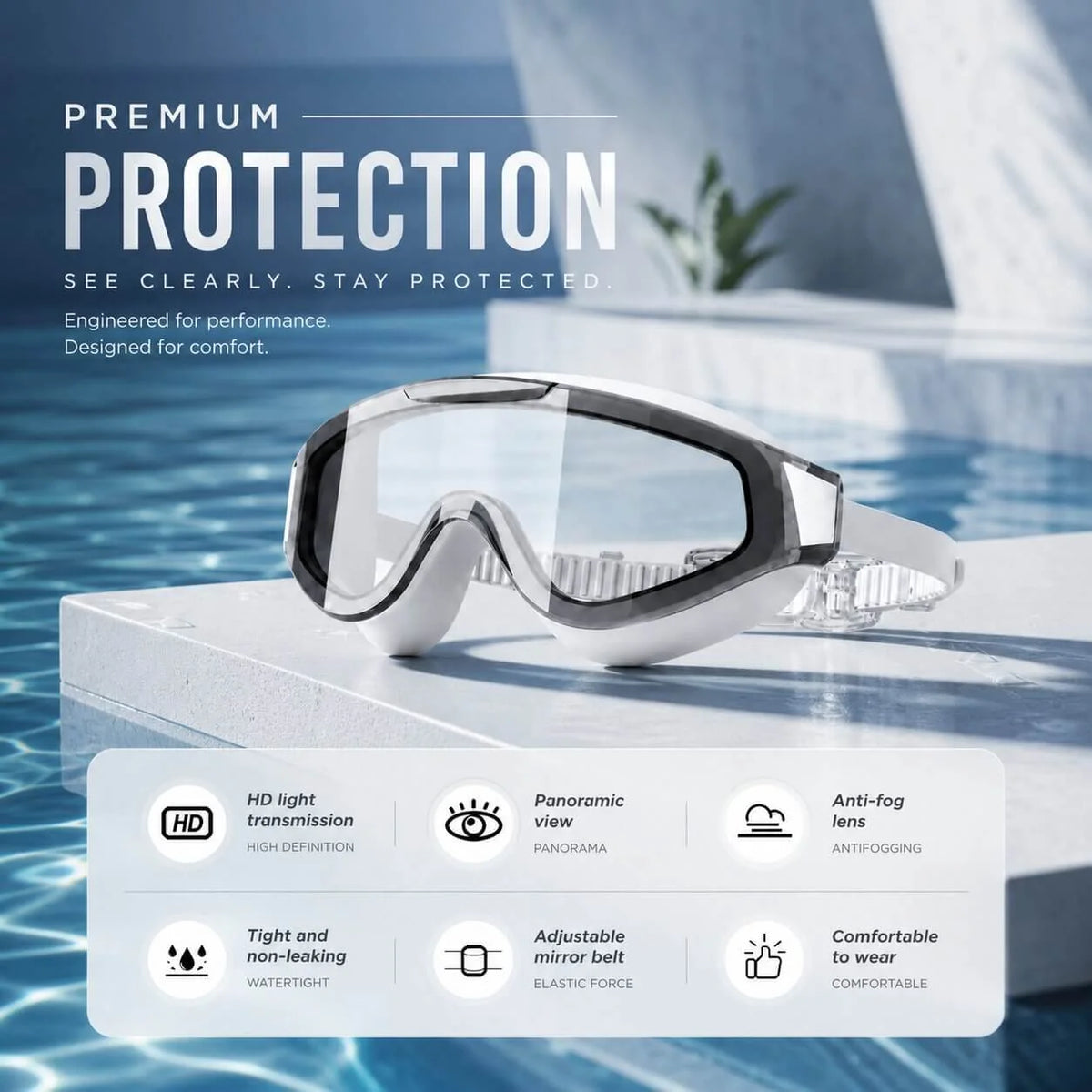 Swim Goggles Anti-Fog HD Lenses Adjustable Silicone Strap