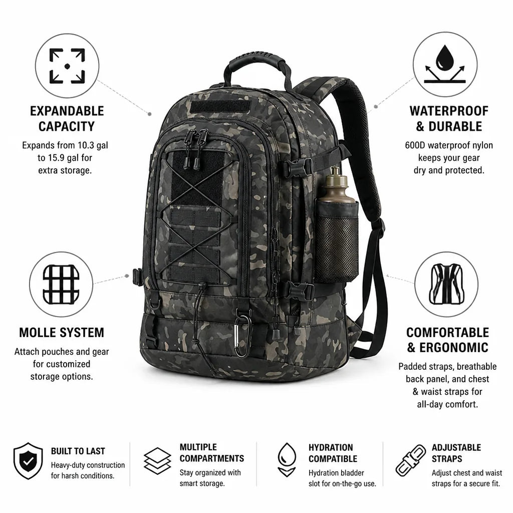 Tactical Backpack Expandable To 15.9 Gal 600D Waterproof MOLLE