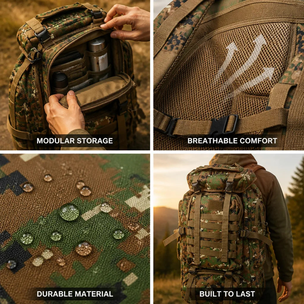 Tactical Backpack Modular Compartments & Breathable Padded Back