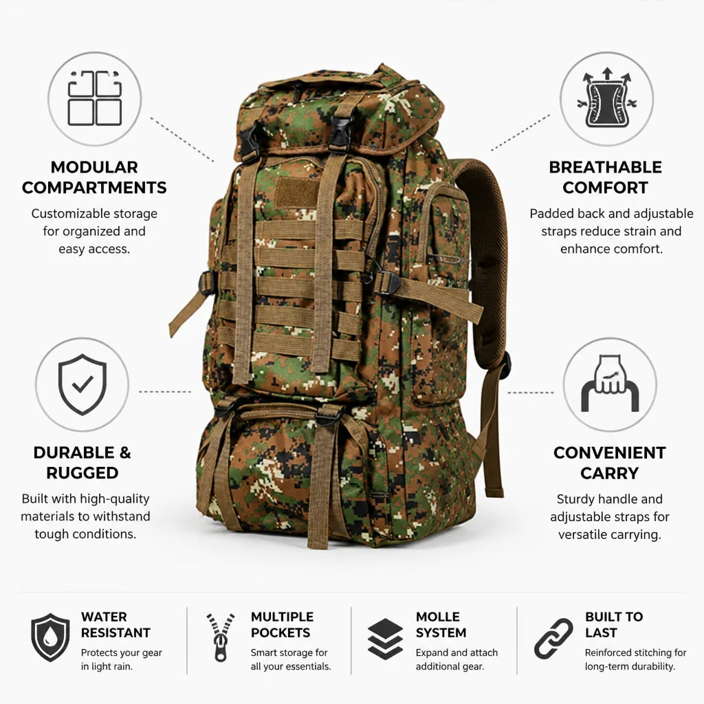 Tactical Backpack Modular Compartments & Breathable Padded Back