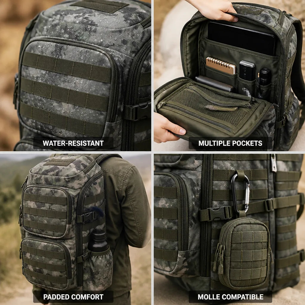 Tactical Backpack Water-Resistant Multiple Pockets Padded Straps