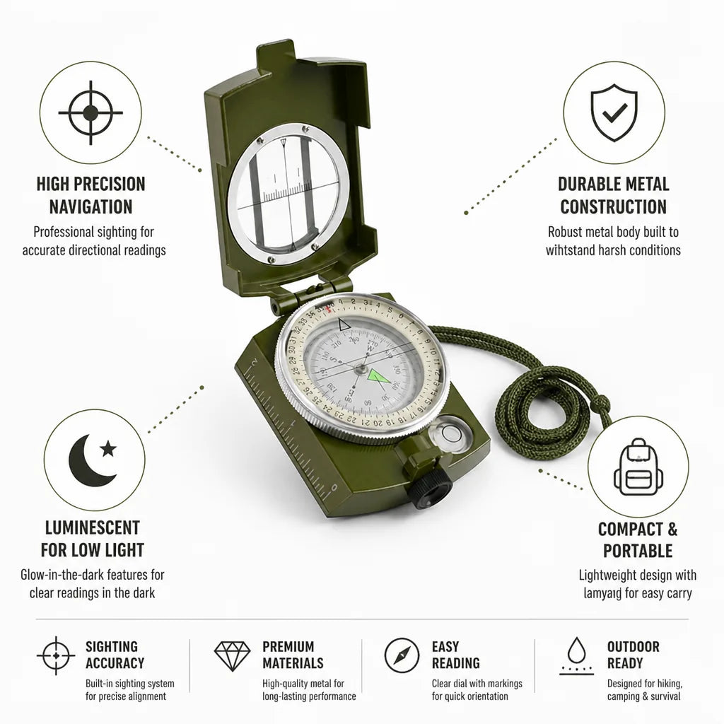 Tactical Compass High-Precision Sighting Metal Body & Luminescent Dial