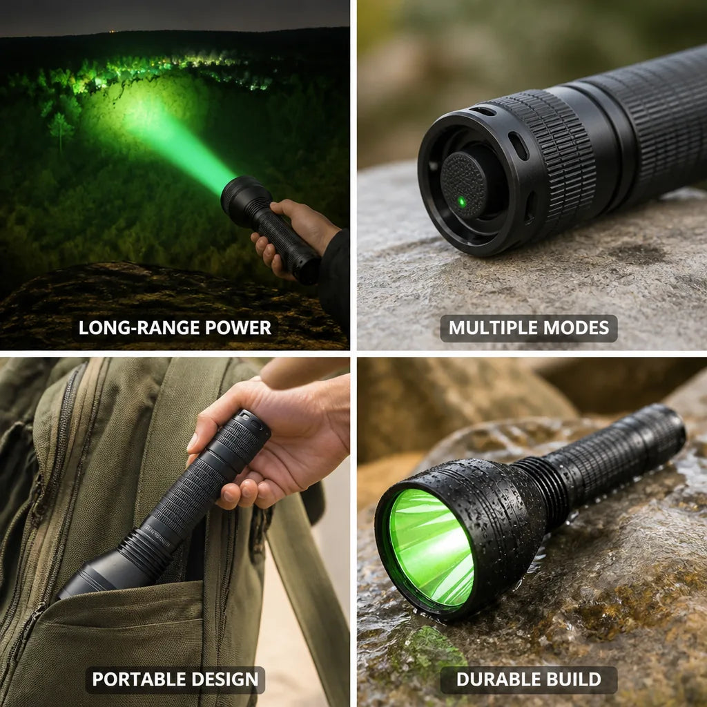 Tactical Flashlight Green LED Long-Range & Rechargeable 21700 Battery