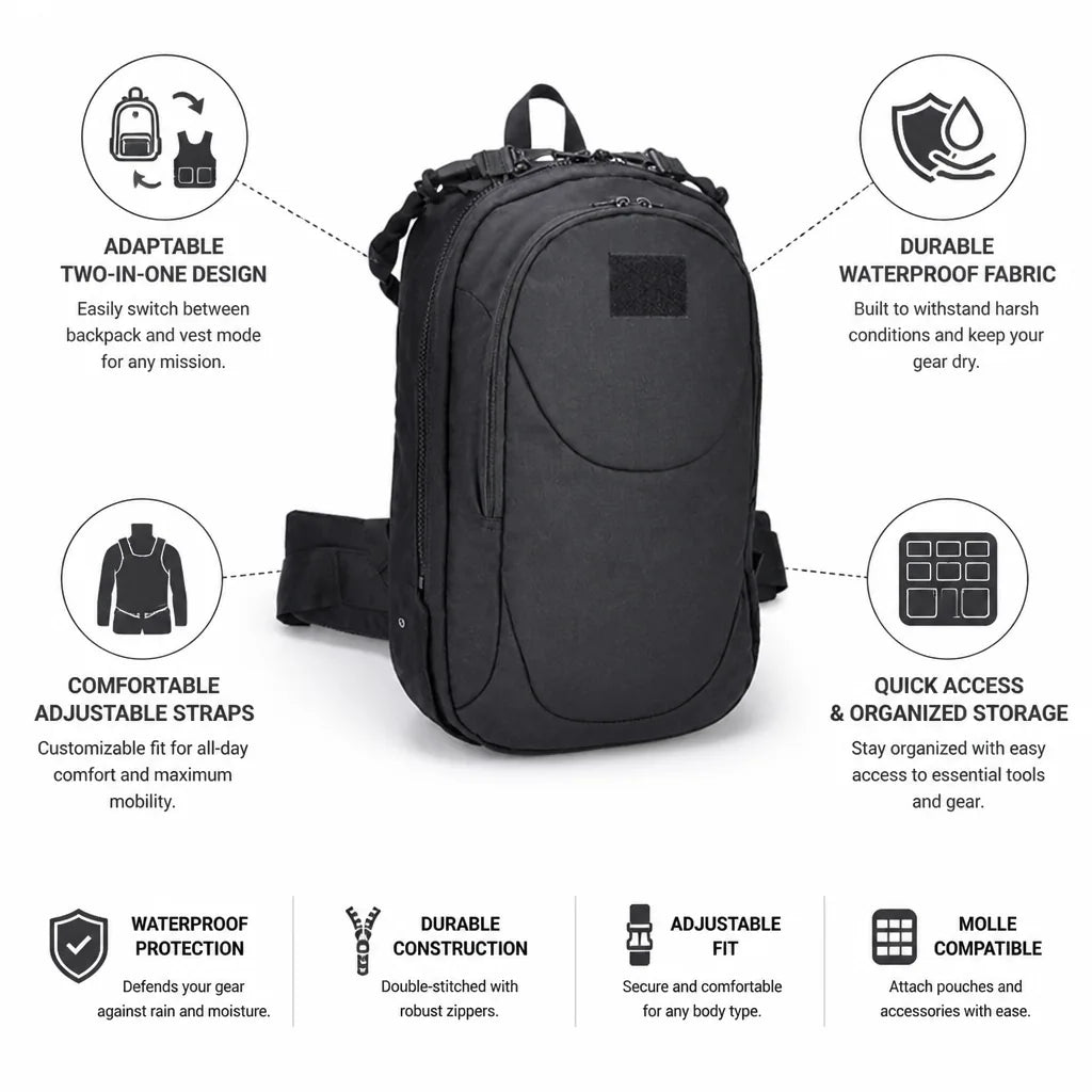 Tactical Vest Backpack Convertible Waterproof Adjustable Straps
