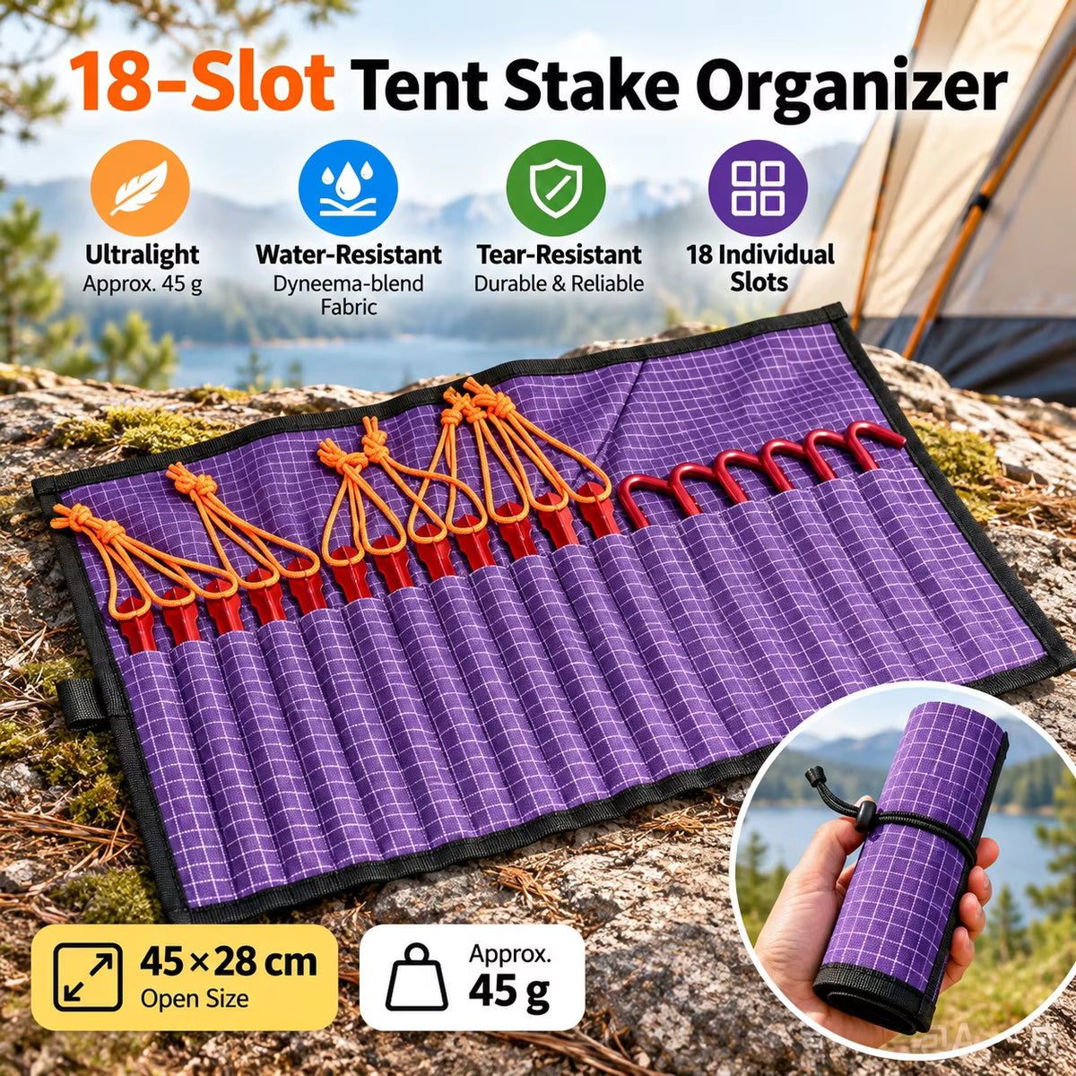 Tent Stake Organizer Roll Ultralight UHMWPE 18 Slots