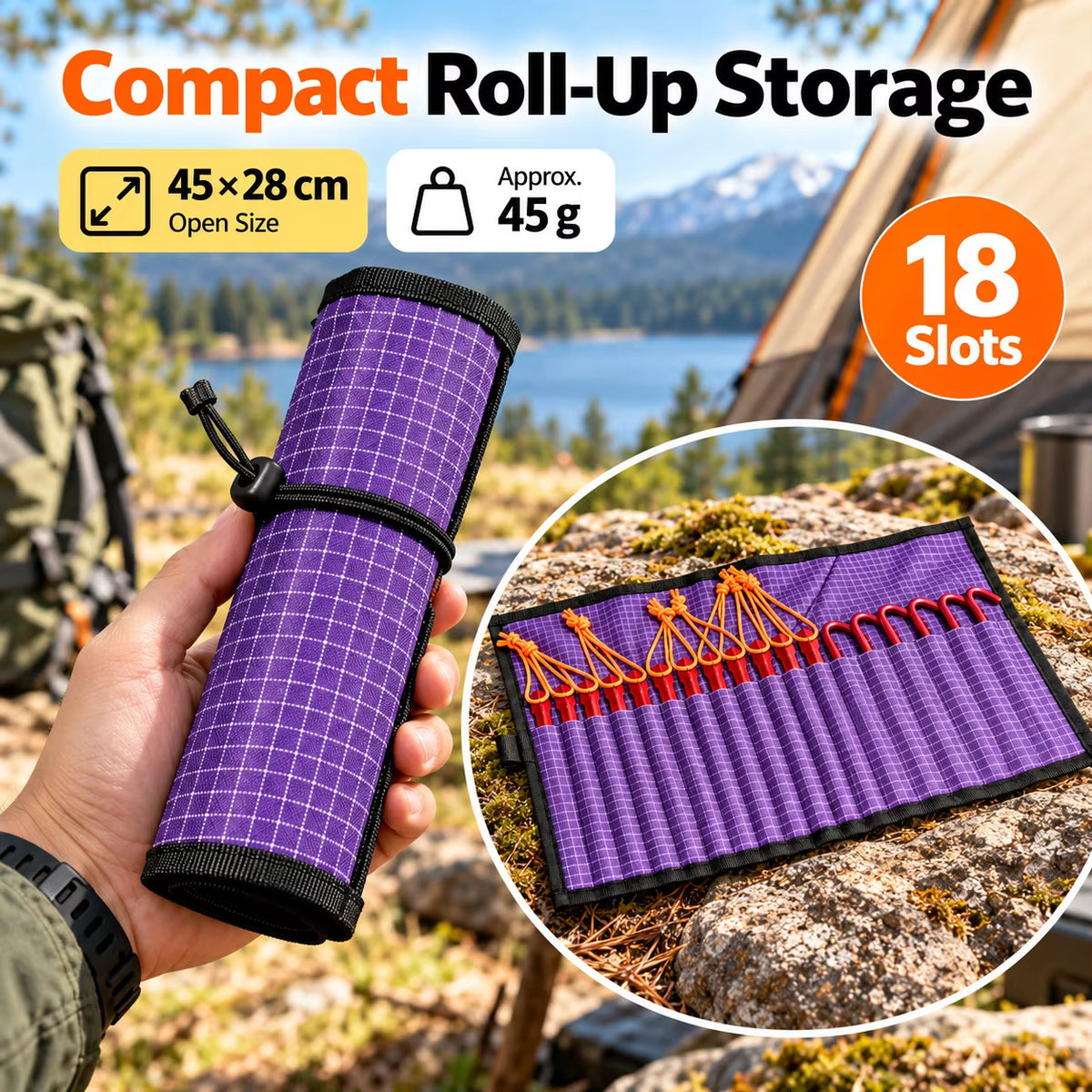 Tent Stake Organizer Roll Ultralight UHMWPE 18 Slots