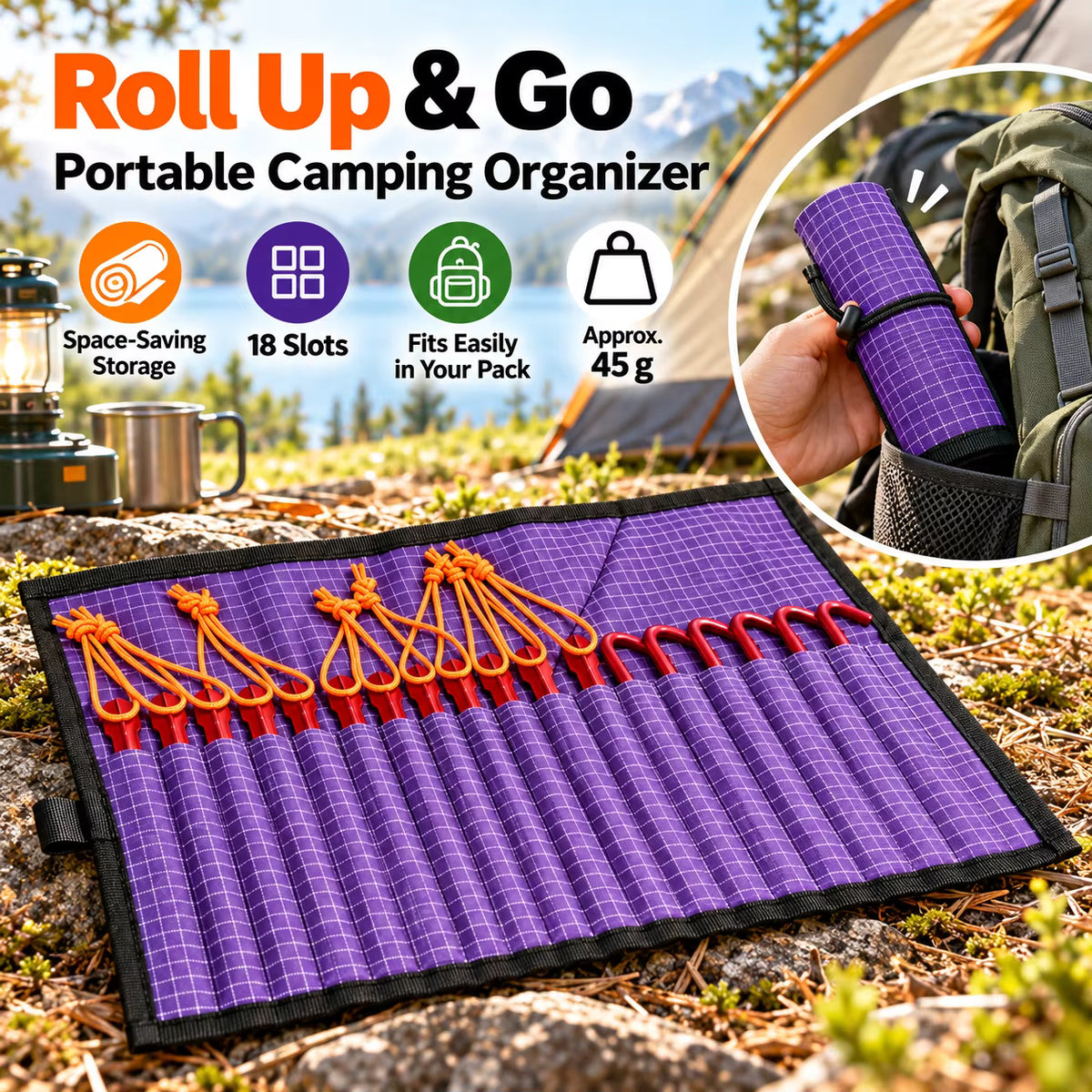 Tent Stake Organizer Roll Ultralight UHMWPE 18 Slots