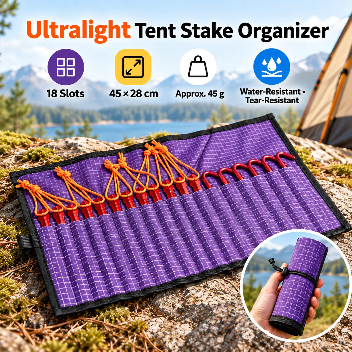 Tent Stake Organizer Roll Ultralight UHMWPE 18 Slots