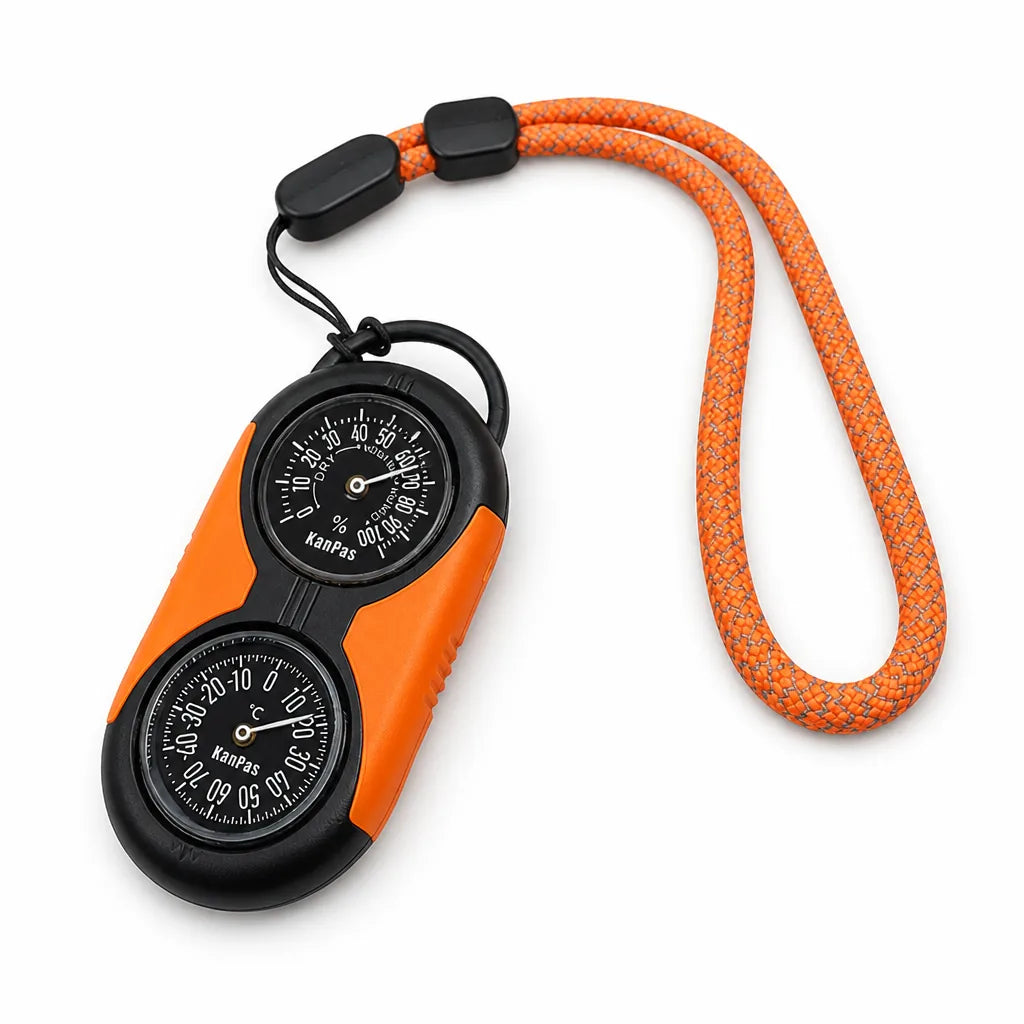 Thermometer & Hygrometer With Compass Polished Metal Reflective Lanyard