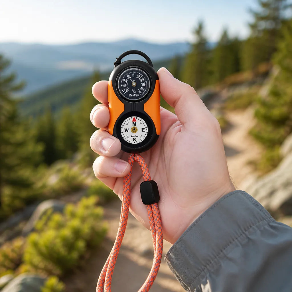 Thermometer & Hygrometer With Compass Polished Metal Reflective Lanyard