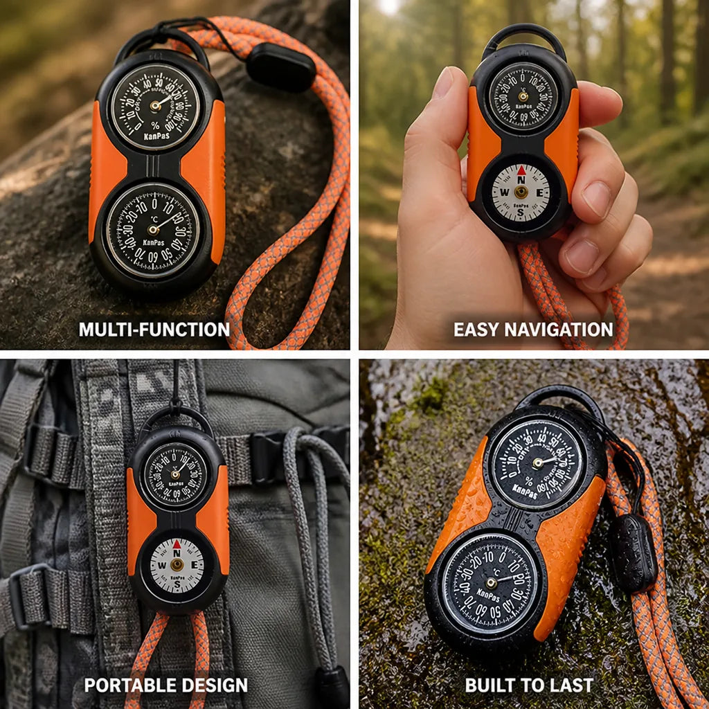 Thermometer & Hygrometer With Compass Polished Metal Reflective Lanyard