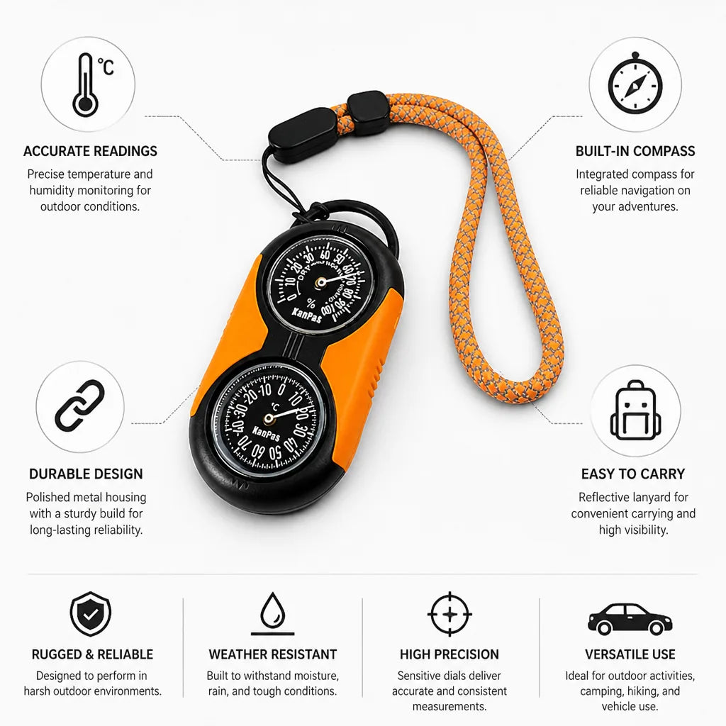 Thermometer & Hygrometer With Compass Polished Metal Reflective Lanyard