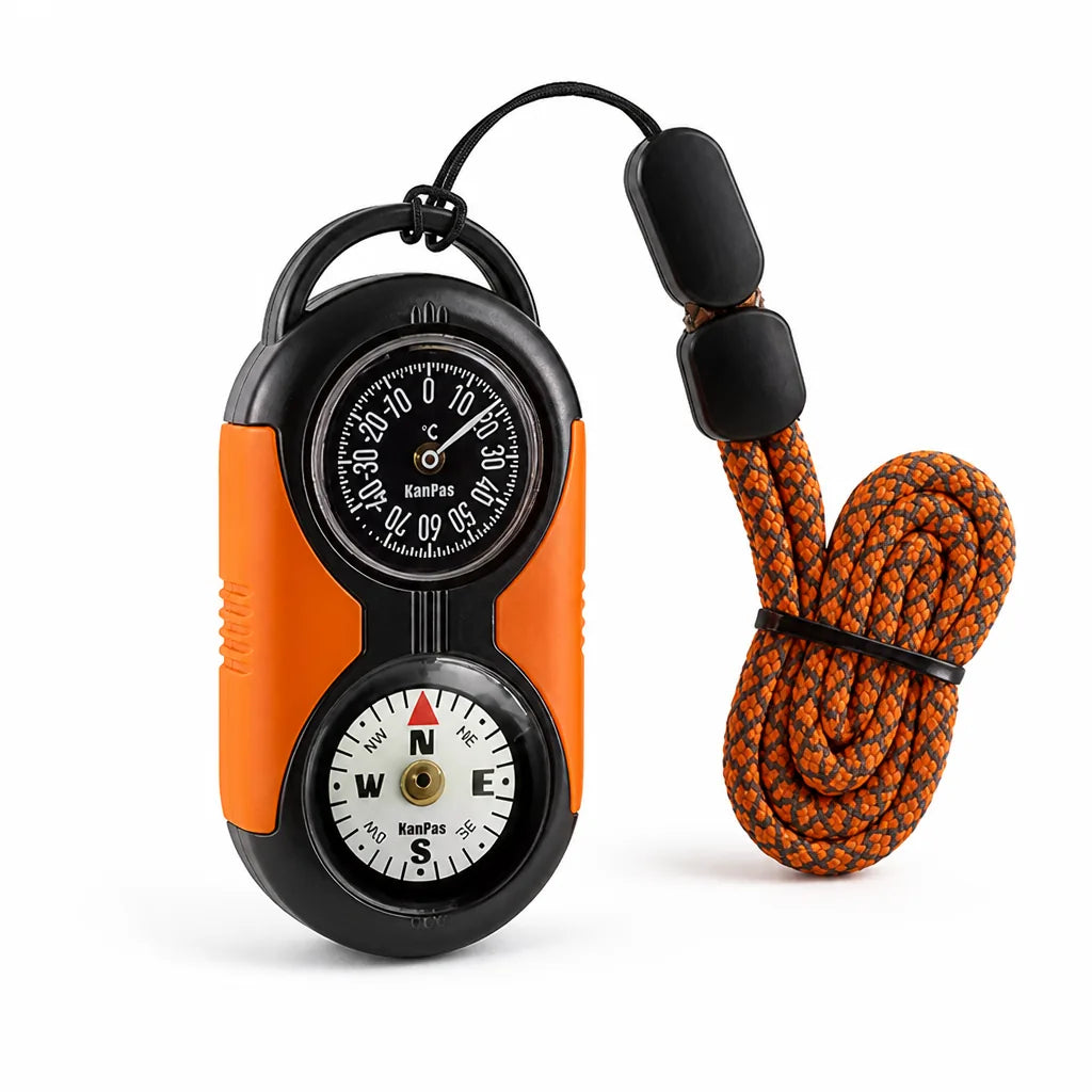 Thermometer & Hygrometer With Compass Polished Metal Reflective Lanyard